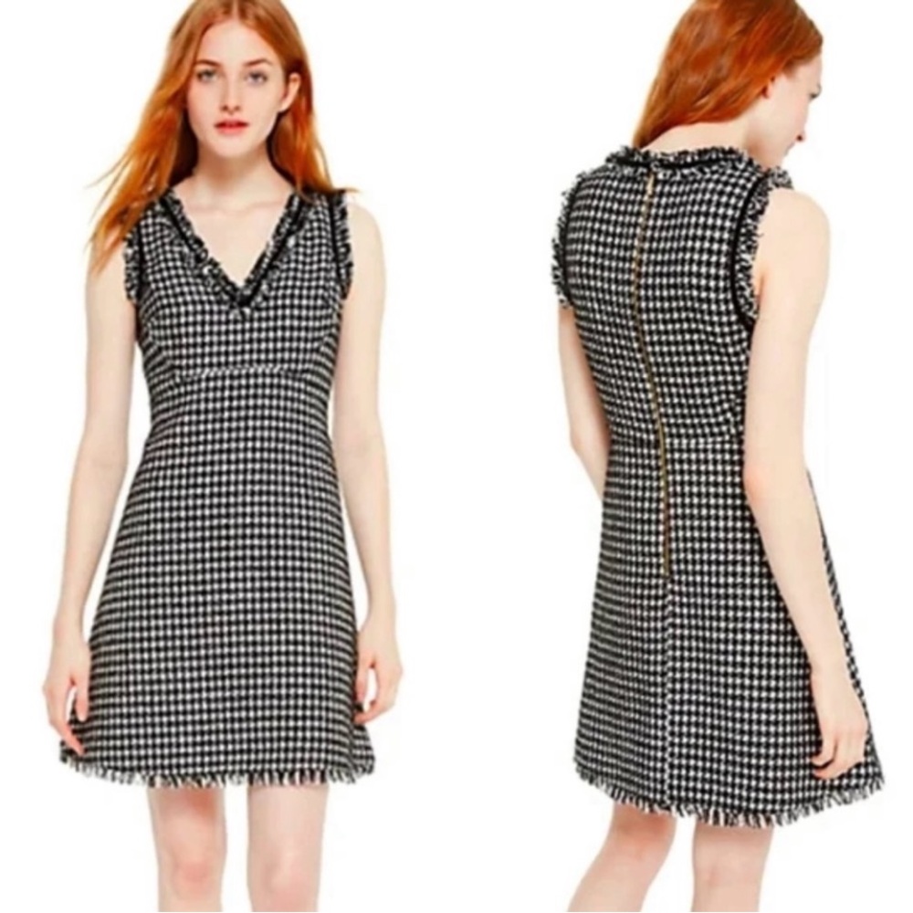 Kate Spade New York black white houndstooth tweed dress with fringe trim SZ 12